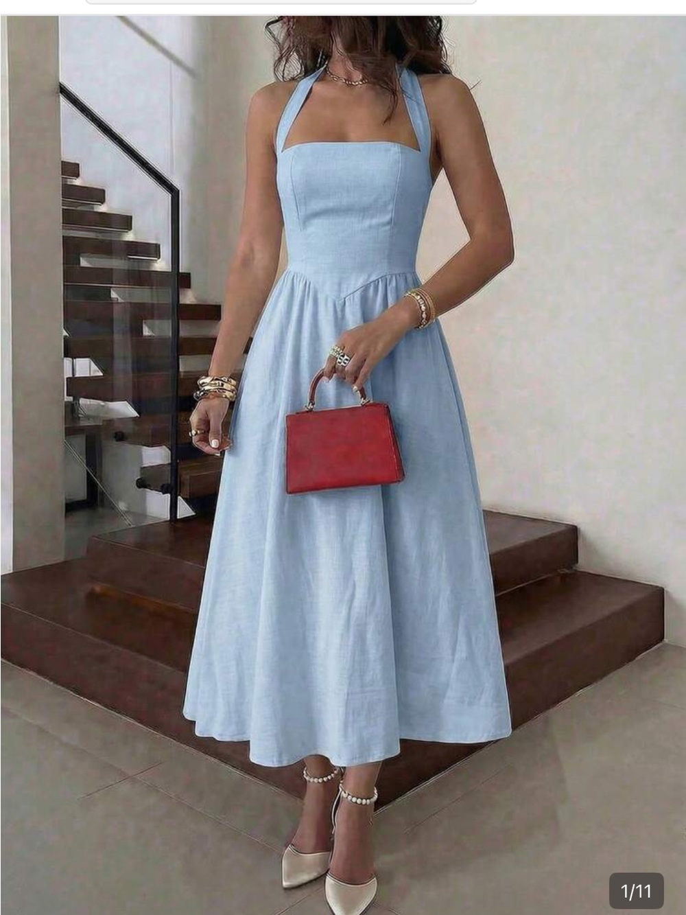 SHEIN Light Blue Halter Midi Dress with Square Neck